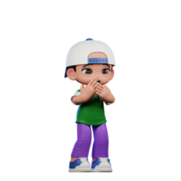 3d desenho animado personagem do uma Garoto dentro uma verde camisa e roxa calça receoso pose png