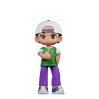 3d cartone animato personaggio di un' ragazzo nel un' verde camicia e viola pantaloni mostrando pollici su posa png