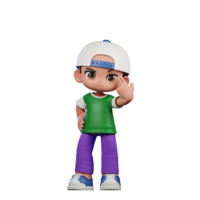 3d Cartoon Character of a Boy in a Green Shirt and Purple Pants Pointing at Him Pose png