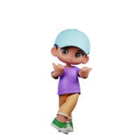 3d petit garçon avec une bleu chapeau et une violet chemise montrer du doigt à côté pose png