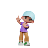 3d pequeño chico con un azul sombrero y un púrpura camisa señalando arriba actitud png