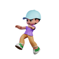 3d klein jongen met een blauw hoed en een Purper overhemd aan het doen springen houding png