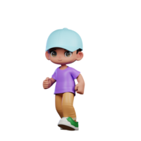 3d pequeño chico con un azul sombrero y un púrpura camisa caminando actitud png