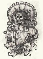 Cowgirl skull mexican day of the dead design by hand drawing on paper. vector