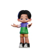 3d Cartoon Character in a Green Shirt and Yellow Shorts Confused Pose png