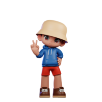 3d petit figure de une garçon dans une bleu chemise et rouge short montrant paix signe pose png