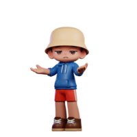 3d pequeño figura de un chico en un azul camisa y rojo pantalones cortos confuso actitud png