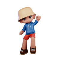 3d klein figuur van een jongen in een blauw overhemd en rood shorts geven Proficiat houding png