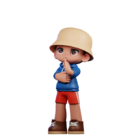 3d pequeño figura de un chico en un azul camisa y rojo pantalones cortos pensando profundamente actitud png