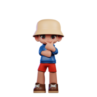 3d piccolo figura di un' ragazzo nel un' blu camicia e rosso pantaloncini fare curioso posa png