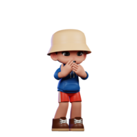 3d pequeño figura de un chico en un azul camisa y rojo pantalones cortos temeroso actitud png