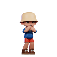 3d pequeno figura do uma Garoto dentro uma azul camisa e vermelho calção receoso pose png