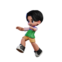 3d dibujos animados personaje en un verde camisa y amarillo pantalones cortos haciendo saltar actitud png