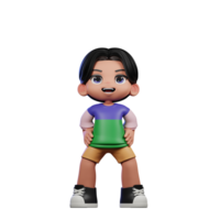 3d Cartoon Character in a Green Shirt and Yellow Shorts Standing Laugh Pose png