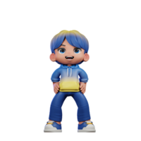 3d cartone animato personaggio con un' blu camicia e giallo pantaloni in piedi ridere posa png