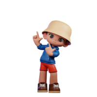 3d pequeño figura de un chico en un azul camisa y rojo pantalones cortos señalando arriba actitud png