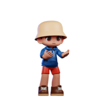 3d piccolo figura di un' ragazzo nel un' blu camicia e rosso pantaloncini arrabbiato posa png