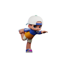 3d Cartoon Character in a Blue Shirt and White Hat Standing One Leg Pose png