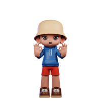 3d petit figure de une garçon dans une bleu chemise et rouge short montrant D'accord signe pose png