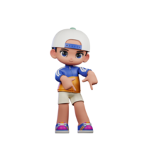 3d Cartoon Character in a Blue Shirt and White Hat Pointing Down Pose png