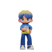 3d dessin animé personnage avec une bleu chemise et Jaune un pantalon montrant les pouces en haut pose png