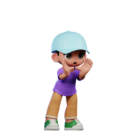 3d petit garçon avec une bleu chapeau et une violet chemise en criant pose png