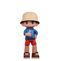 3d pequeño figura de un chico en un azul camisa y rojo pantalones cortos demostración pulgares arriba actitud png