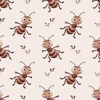 Seamless pattern of a happy ant on a white background. Smiling baby insect character. Print, children's textiles, wallpaper vector