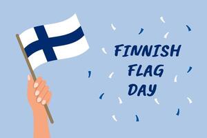 Finnish Flag Day. Banner with flags of Finland in hand. Holiday illustration. vector