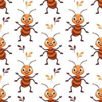 Seamless pattern of a happy ant on a white background. Smiling baby insect character. Print, children's textiles, wallpaper vector