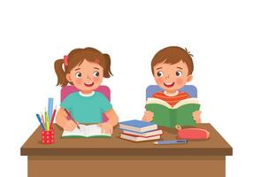 Cute school kids studying doing homework together at the desk vector