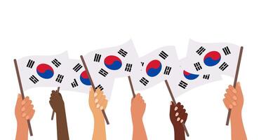 South Korea Liberation Day. Banner with Korea flags in human hands. Banner, poster, holiday illustration. vector