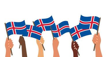 Icelandic National Day. Banner with Icelandic flags in hands. Holiday illustration. vector