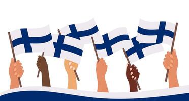 Finnish Flag Day. Banner with flags of Finland in hands. Holiday illustration. vector