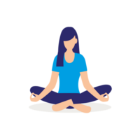 jovem menina sentado dentro lótus pose às lar. ilustração do uma quarto com mulher fazendo ioga, meditação, saudável estilo de vida. pernas cruzado png