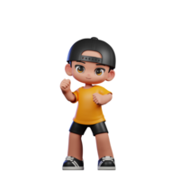 3d desenho animado personagem com uma amarelo camisa e Preto calção Parabéns pose png