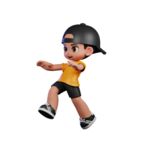 3d dibujos animados personaje con un amarillo camisa y negro pantalones cortos haciendo saltar actitud png