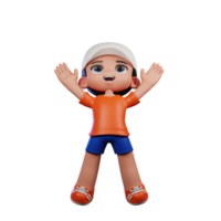 3d tekenfilm jongen in oranje overhemd en blauw shorts met een wit hoed springen houding png