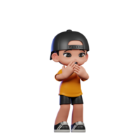 3d desenho animado personagem com uma amarelo camisa e Preto calção receoso pose png