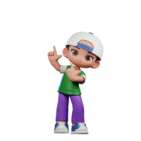 3d Cartoon Character of a Boy in a Green Shirt and Purple Pants Pointing Up Pose png