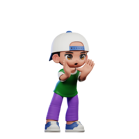 3d Cartoon Character of a Boy in a Green Shirt and Purple Pants Shouting Pose png