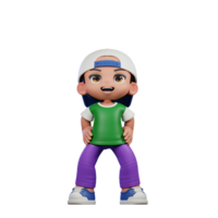 3d dessin animé personnage de une garçon dans une vert chemise et violet un pantalon permanent rire pose png