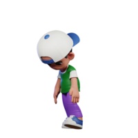 3d cartone animato personaggio di un' ragazzo nel un' verde camicia e viola pantaloni stanco camminare posa png
