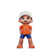 3d Cartoon Boy in Orange Shirt and Blue Shorts with a White Hat Standing Laugh Pose png