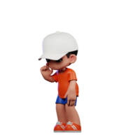 3d Cartoon Boy in Orange Shirt and Blue Shorts with a White Hat Standing Sad Pose png