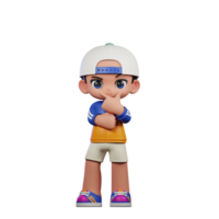 3d Cartoon Character in a Blue Shirt and White Hat Doing Curious Pose png