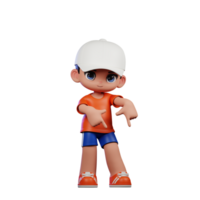 3d cartone animato ragazzo nel arancia camicia e blu pantaloncini con un' bianca cappello puntamento giù posa png
