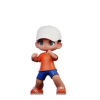 3d Cartoon Boy in Orange Shirt and Blue Shorts with a White Hat Ready Fight Pose png