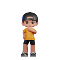 3d Cartoon Character with a Yellow Shirt and Black Shorts Curious Pose png