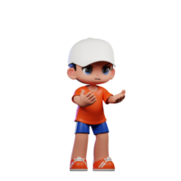 3d dibujos animados chico en naranja camisa y azul pantalones cortos con un blanco sombrero enojado actitud png